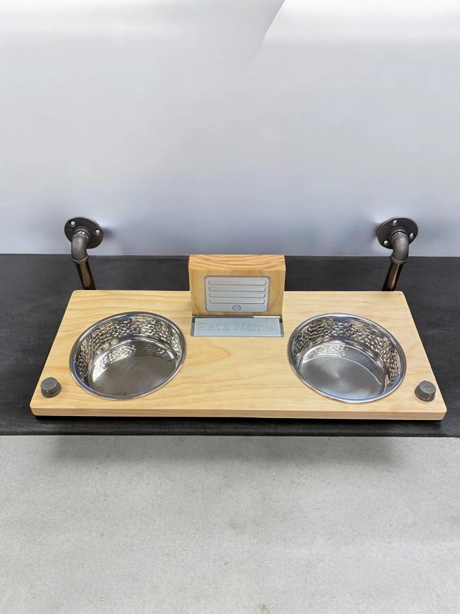 Wall-mounted medium pet feeder with a nameplate and motion-activated ...